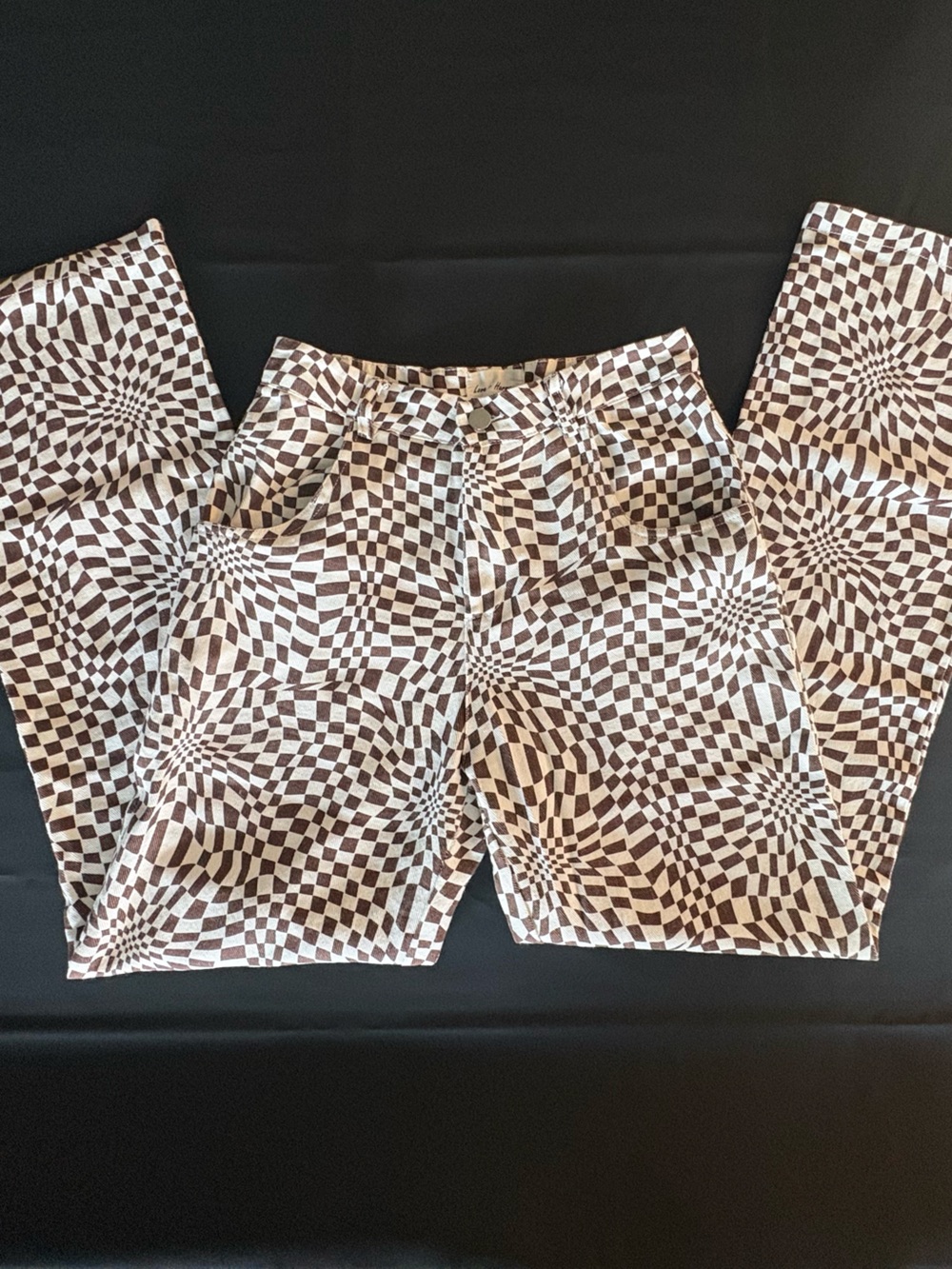 Straight Leg Women’s Pants in Brown & White Optical Check
